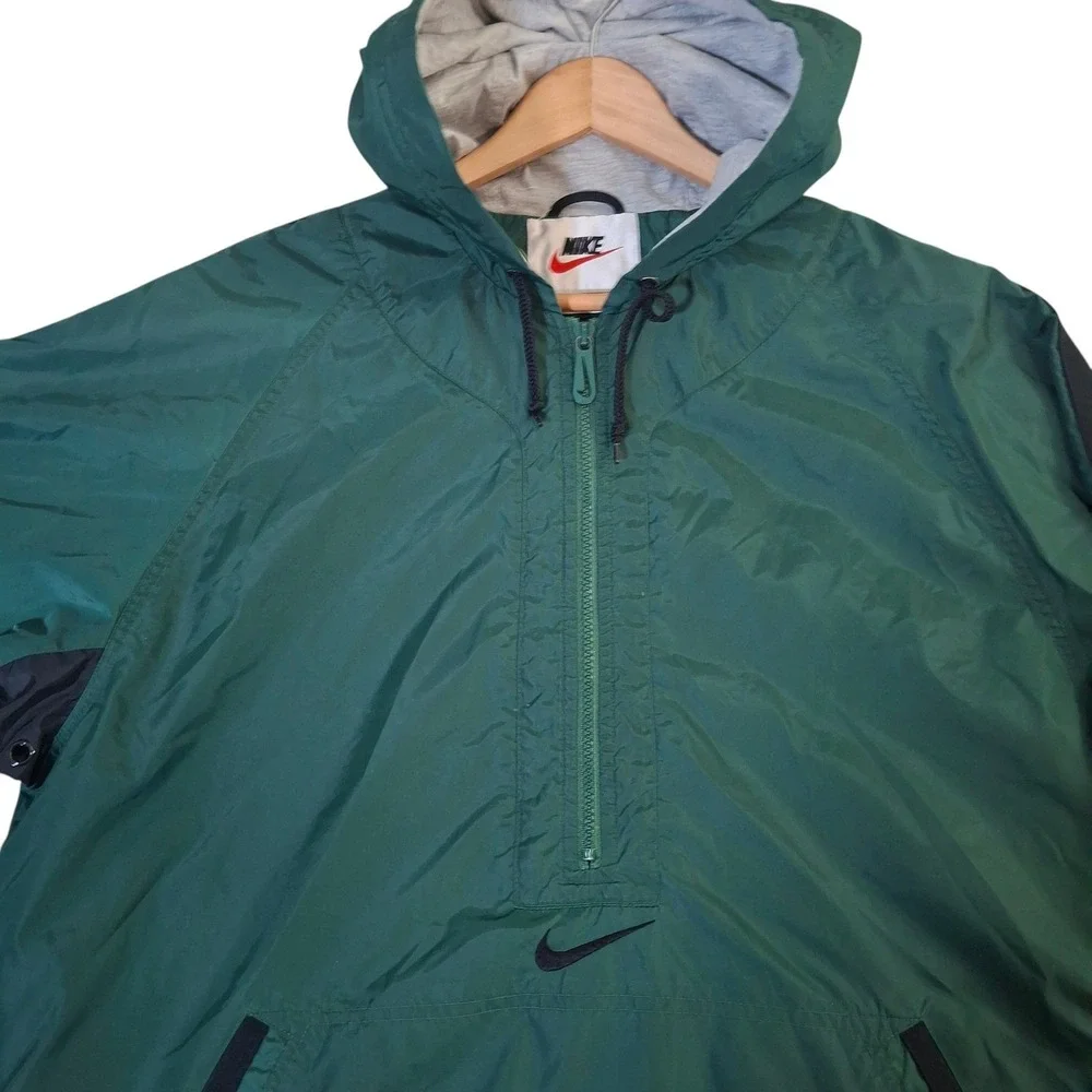 Vintage Nike Anorak Windbreaker Men's Medium Forest Green Black Stripe Half Zip